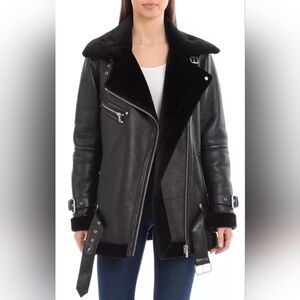 Avec Les Filles Faux Shearling Trim Faux Leather Oversized Biker Moto Jacket XS